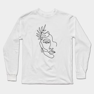 Minimal woman line art. One line woman face with tropical leaf. Long Sleeve T-Shirt